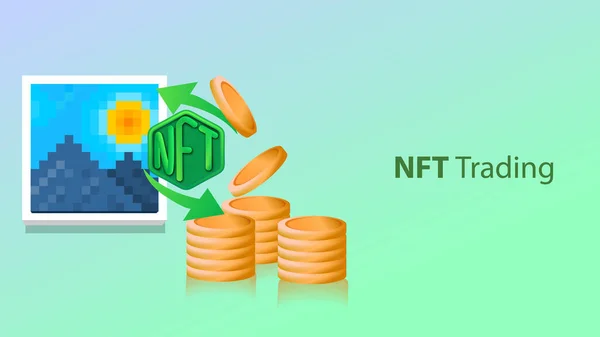 Trading Nft Non Fungible Token Web Banner Template Vector Illustration — Stockový vektor