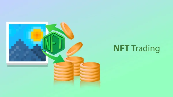 Trading Nft Niet Fungibel Token Web Banner Template Vector Illustratie — Stockvector