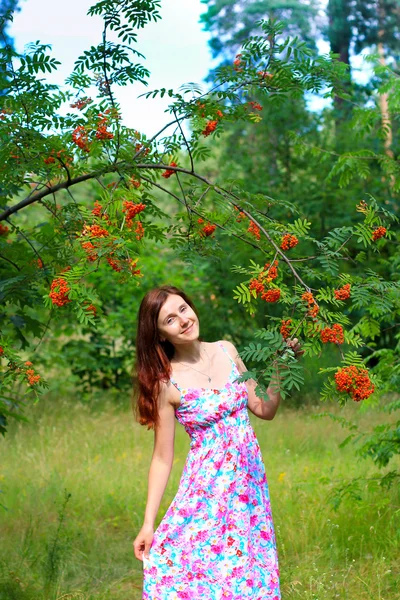 Young woman and rowan tree — Stock Photo, Image