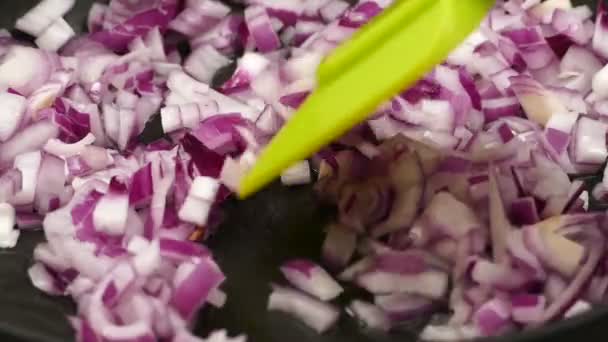 Fry Onion Pan Preparing Diner Pan Fry Red Onion Close — ストック動画
