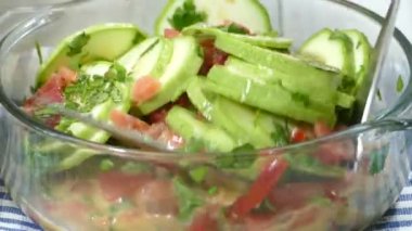 Preparing the zucchini casserole for the oven. Mixing zucchini, tomatoes and vegetables ingredients in the bowl ready to bake