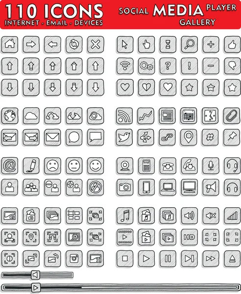 Icônes dessinées à la main sur les médias sociaux - Ensemble de 110 icônes — Image vectorielle