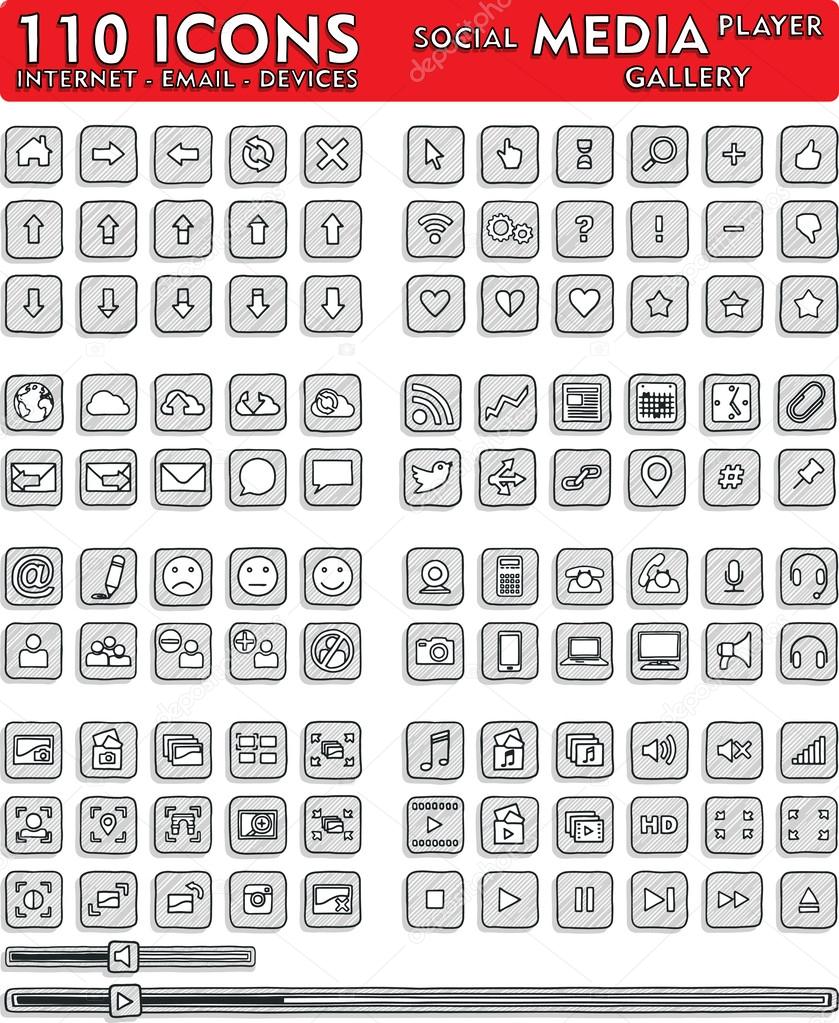Social Media Hand-Drawn Icons - 110 Icons Set