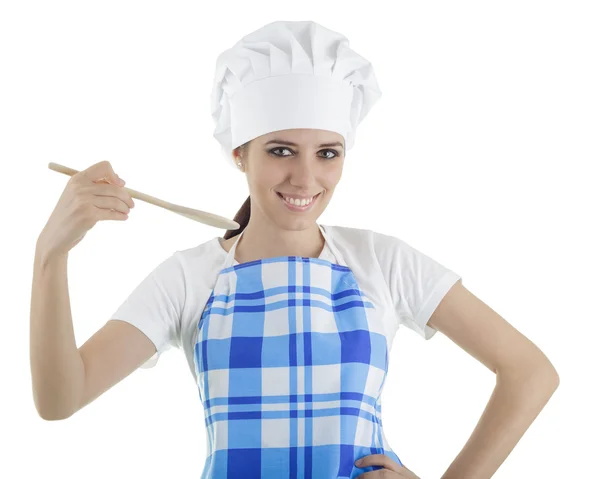 Mujer cocinera con cuchara de madera — Foto de Stock