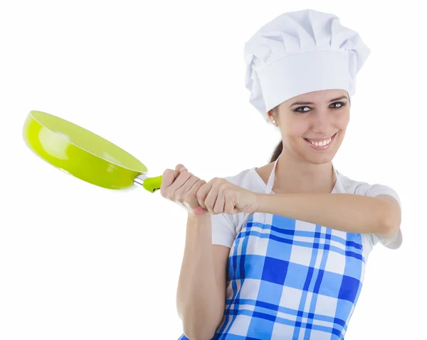Femme cuisinière tenant Pan — Photo