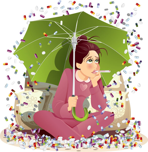 Sick Girl Bombarded with Medication - Vector Illustration