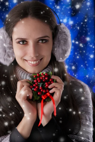 Winter Girl Holding a Christmas Decoration — Stock Photo, Image
