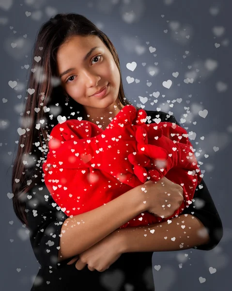 Girl Holding a Big Plush Heart — Stock Photo, Image