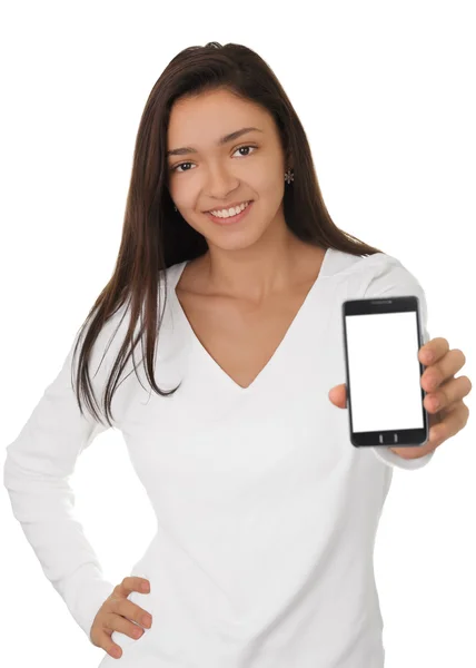 Menina segurando telefone inteligente — Fotografia de Stock