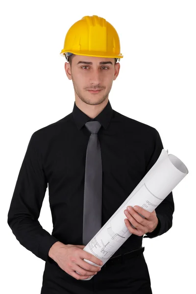Uomo con Hard Hat Holding arrotolato progetti — Foto Stock