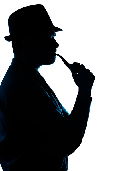 Silhouette of Man Smoking Pipe on a White Background — Stok Foto