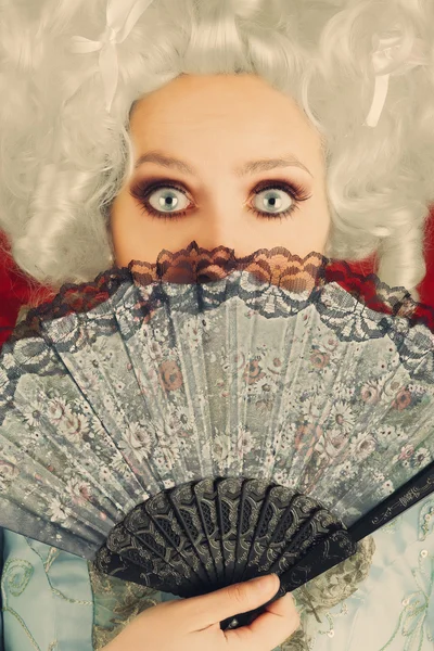 Surprised  Baroque Woman Portrait with Wig and Fan — Stock Photo, Image