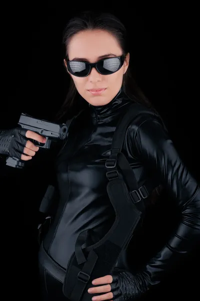 Woman Spy Holding Gun — Stock Photo, Image