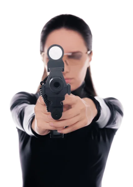 Woman Spy Aiming Gun — Stock Photo, Image