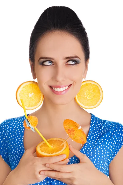 Girl with Orange Drink and Orange Slice Earrings White Background — Stock Photo, Image