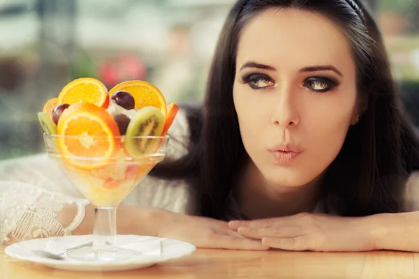 Young Woman with Fruit Salad Dessert — Stock Photo, Image