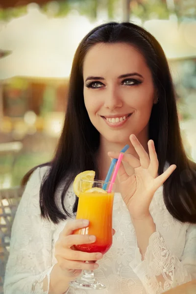 Young Woman with Colorful Cocktail Drink Outside — Stock Photo, Image