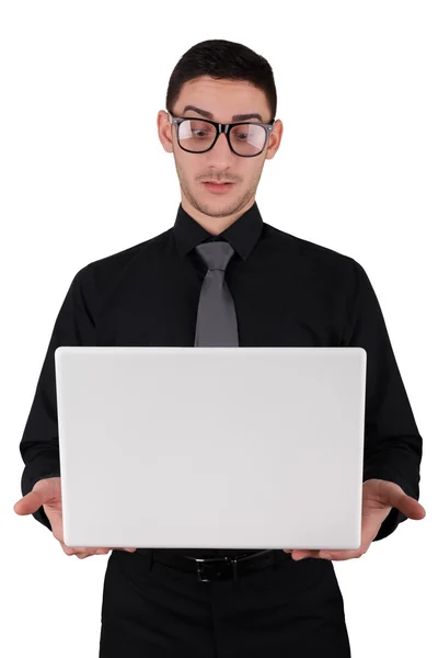 Junger Mann mit Brille und Laptop überrascht — Stockfoto