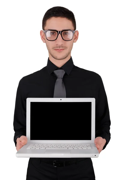 Junger Mann mit Brille und Laptop — Stockfoto