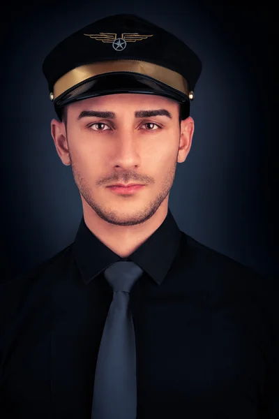 Man with Pilot Hat and Black Shirt Portrait — Stock Photo, Image