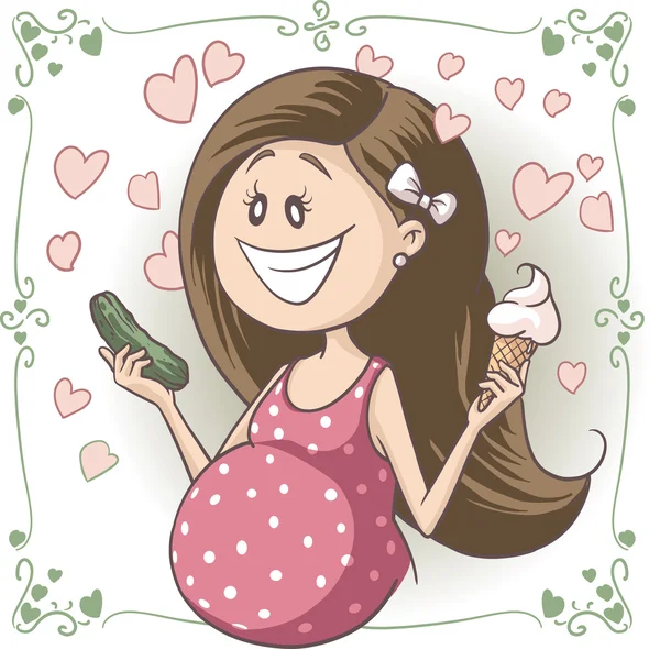 Donna incinta brama gelato e sottaceti Vector Cartoon — Vettoriale Stock