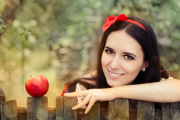 Snow White with Red Apple Fairy Tale Portrait — Stock Photo, Image