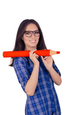 dev kırmızı kalem tutan gözlük ile kız