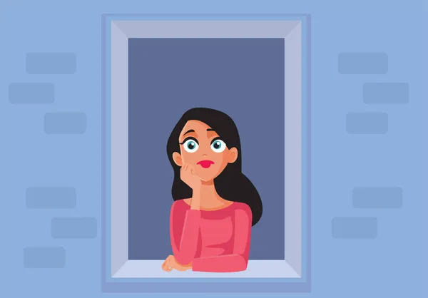 Mujer Triste Sentada Junto Ventana Vector Illustration — Archivo Imágenes Vectoriales