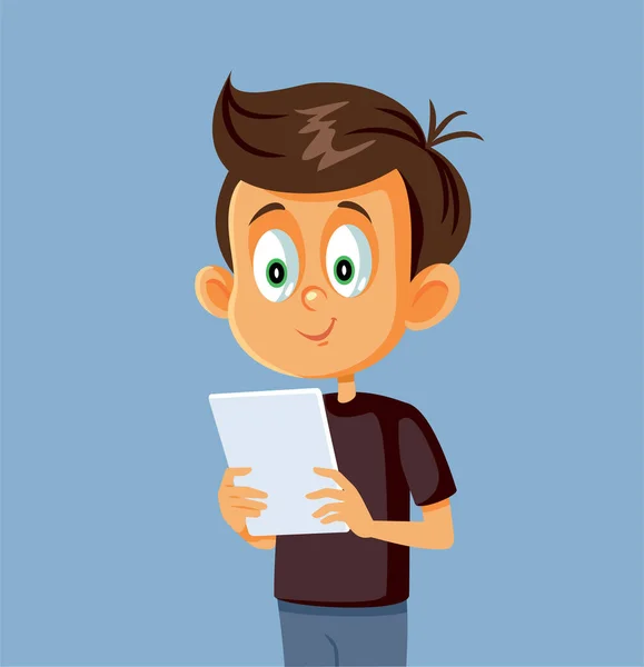 Kleiner Junge Mit Tablet Vector Cartoon Illustration — Stockvektor