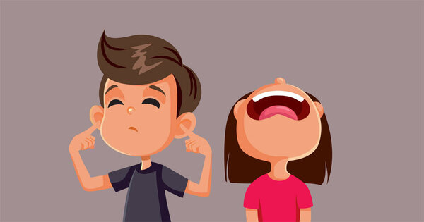 Little Sister Screaming While Brother Covers his Ears Vector Cartoon