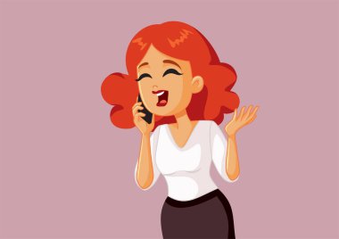 Neşeli Kadın Telefon Vektörü İllüstrasyonunda Konuşuyor