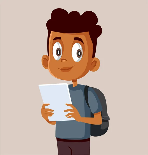 Estudante Masculino Segurando Tablet Vector Cartoon —  Vetores de Stock