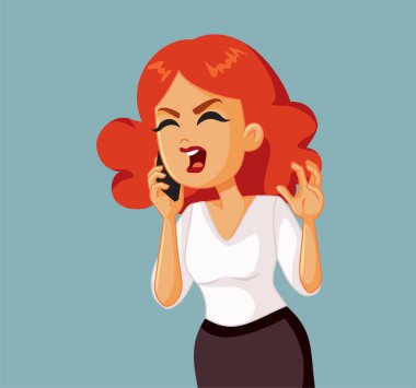 Kızgın kadın telefon görüşmesi vektörü illüstrasyonu yapıyor.