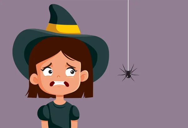 Ragazza Spaventata Halloween Guardando Spider Vector Cartoon — Vettoriale Stock