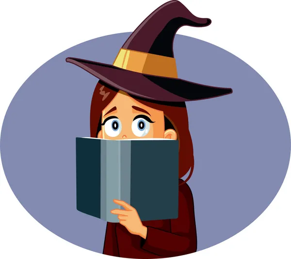 Mulher Trajes Bruxa Lendo Livro Halloween Vector Cartoon — Vetor de Stock