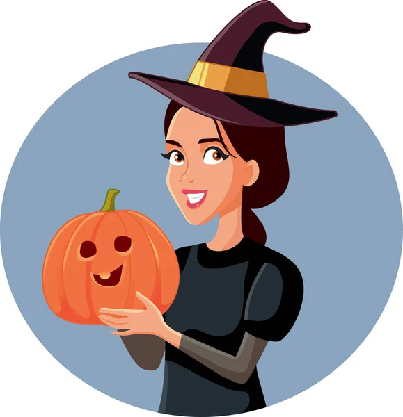 Halloween Dziewczyna Gospodarstwa Zabawny Wektor Dyni Ilustracja — Wektor stockowy