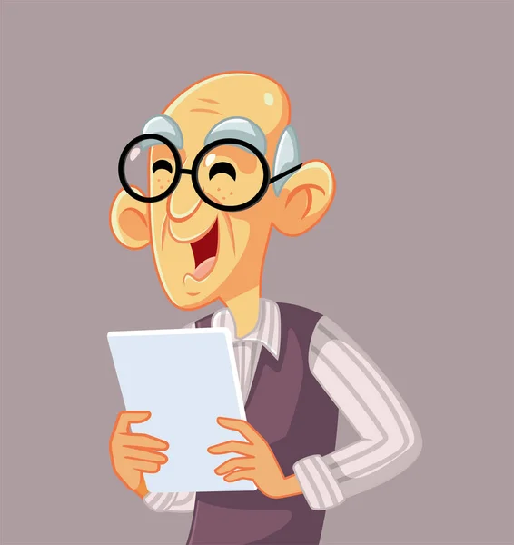 Elderly Man Using Tablet Vector Cartoon — Stock Vector