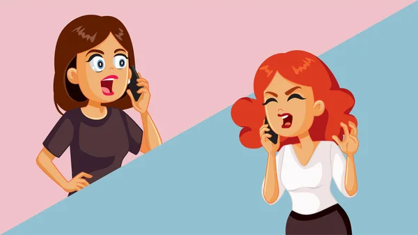Frauen Streiten Telefon Über Vektor Zeichentrickillustration — Stockvektor