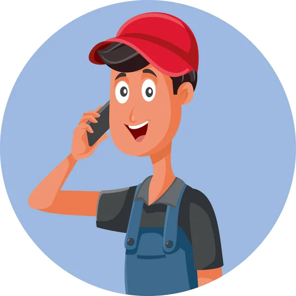 Happy Repairman Answering Phone Call Vector Cartoon — Stock Vector