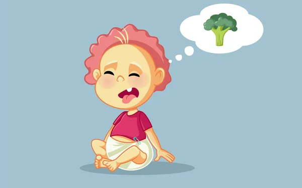 Rolig Baby Gillar Inte Broccoli Vektor Tecknad Illustration — Stock vektor