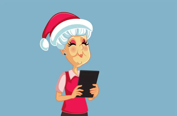 クリスマスベクトル漫画のためのシニア女性ショッピングオンライン — ストックベクタ