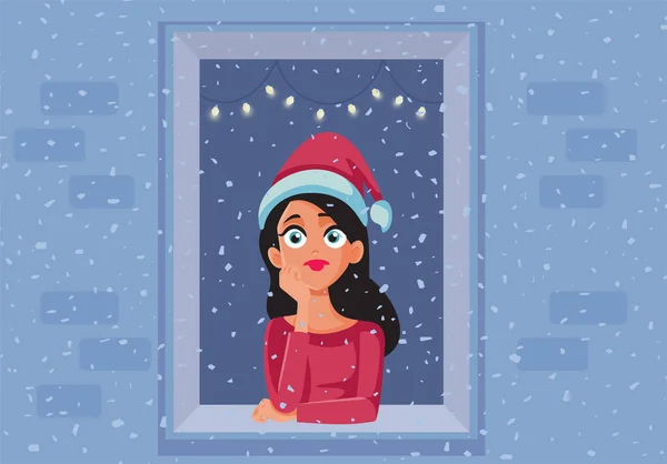 Mujer Triste Sintiéndose Deprimida Sola Ilustración Vectorial Navidad — Vector de stock