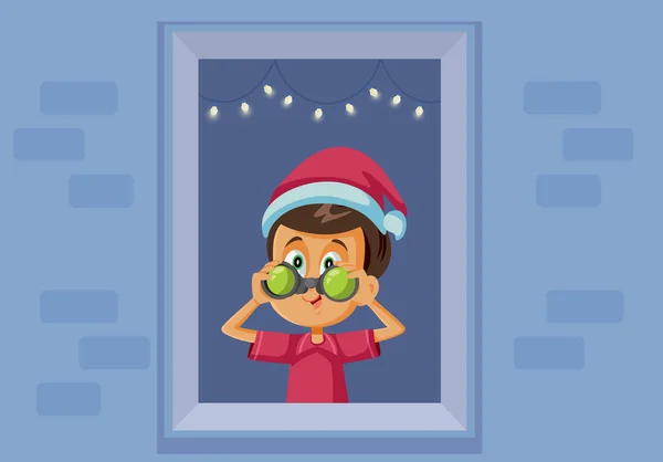 Petit Garçon Tenant Des Jumelles Attendant Santa Vector Cartoon — Image vectorielle