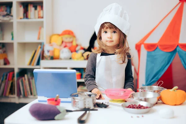 Cute Adorable Little Chef Playing Mini Kitchen — Stock Photo, Image
