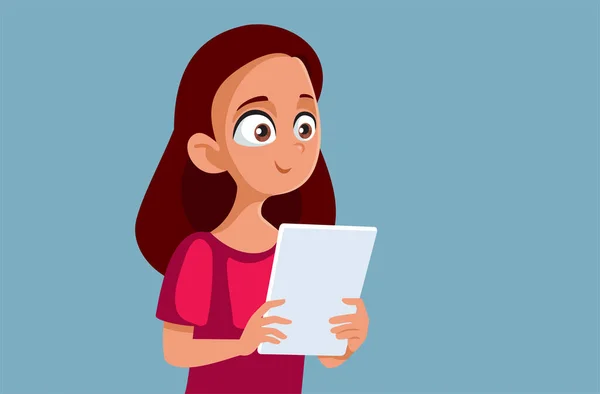 Adolescente Menina Segurando Computador Tablet Vector Cartoon —  Vetores de Stock