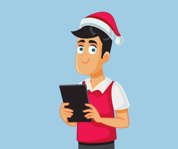 Vánoční Muž Drží Tablet Počítač Nákupní Vektor Karikatura — Stockový vektor