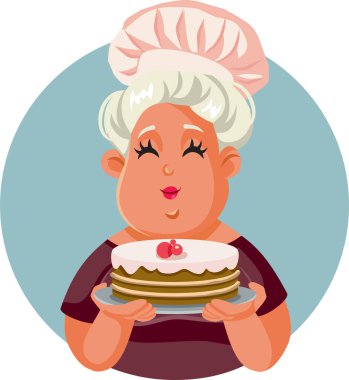 Pasta Vektörü Çizgi Filmi Tutan Mutlu Ev Aşçısı Kadın