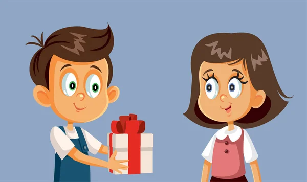 Boy Giving Gift Girl Vector Cartoon Illustration - Stok Vektor