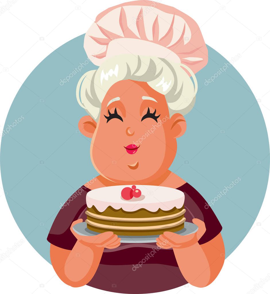 Happy Home Cook Woman Holding a Cake Vector Cartoon