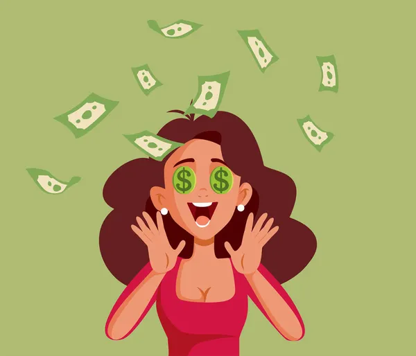 Mulher Feliz Ganhando Dinheiro Vetor Cartoon Ilustração —  Vetores de Stock